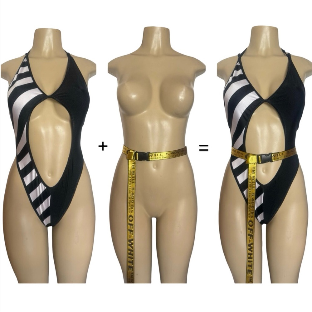 Off-White Striped Cutout Monokini with Yellow Tape Belt
